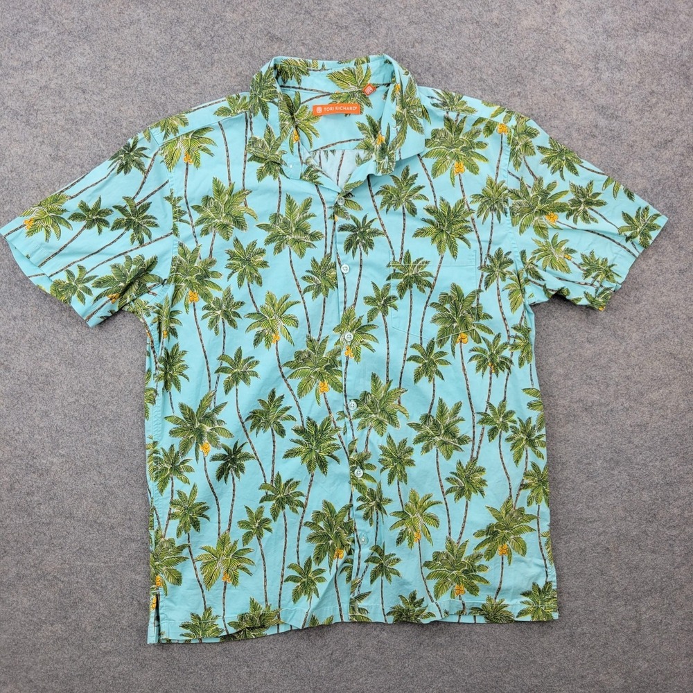 Tori Richard Shirt Mens Medium Blue Palm Tree Hawaiian Button Front Short Sleeve